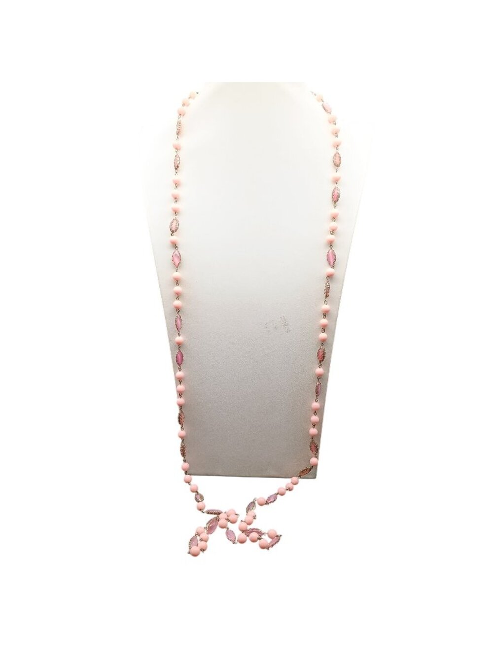 Long Vintage Pink Beaded Necklace with Faceted Bezel Marquise Glass Accents